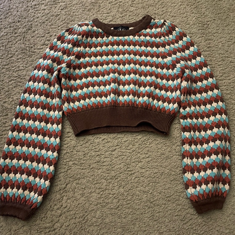 Brown and Blue Patterned Cropped Sweater